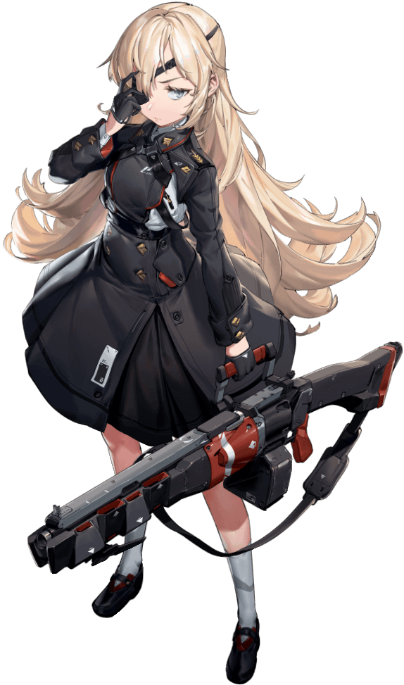 Guillotine - Personnage 16 - GODDESS OF VICTORY: NIKKE - Sortie jeu 4 novembre 2022 - Téléchargement 27 décembre 2025 - Source https://nikke-fr.com